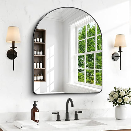 BONEWEI Arched Wall Mirror,30x36 inch Black Arched Mirror Bathroom,Vanity Mirror for Over Sink Metal Frame,Tempered Glass Arch Mirrors for Bedroom,Entryway,Living Room,Home Decor Shatter-Proof