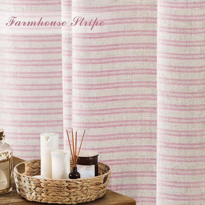 Farmhouse Striped Shower Curtain Horizontal Pink Vintage Linen 72"W X 72"L | Striped Shower Curtains with Linen Texture for Bathroom Decor