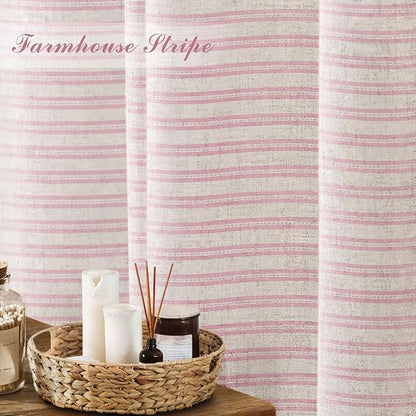 Farmhouse Striped Shower Curtain Horizontal Pink Vintage Linen 72"W X 72"L | Striped Shower Curtains with Linen Texture for Bathroom Decor