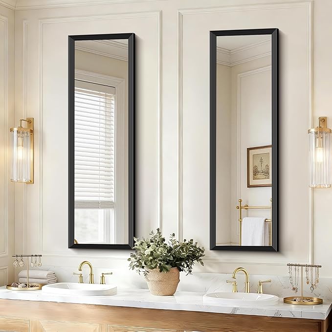 Black Bathroom Mirror 14 x 48 Inch Rectangle Wave Beveled Frame for Wall Bathroom Vanity Mirror for Over Sink, Tempered Glass,for Entryway Hangs, Bathroom Living Room Horizontal or Vertical