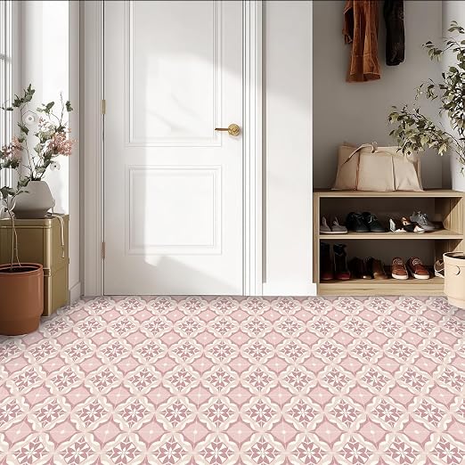 Pink Floral Geometric Peel and Stick Floor Tiles 12x12 Inch 10PCS | Pink and white floral geometric tile pattern vinyl floor stickers for kitchen bathroom entryway and indoor home decor