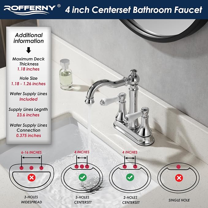 Porcelain 2-Handle Polished Chrome Bathroom Faucet 4" Centerset | with Plastic Pop-up Drain and Two 23.6" Supply Lines, Classical 4" Bath Vanity Sink Faucets for 2/3-Hole Sinks, Brass Spout