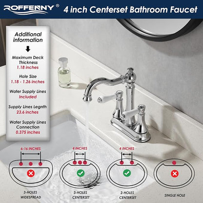 Porcelain 2-Handle Polished Chrome Bathroom Faucet 4" Centerset | with Plastic Pop-up Drain and Two 23.6" Supply Lines, Classical 4" Bath Vanity Sink Faucets for 2/3-Hole Sinks, Brass Spout
