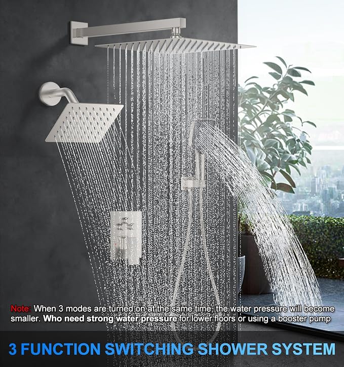 Woindo Shower Faucet Set, 12" Wall Mount Rainfall Shower System with 2 Rain Shower Head and Multi-function Handheld Head Push Button Diverter Shower Faucet Trim Kit