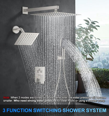 Woindo Shower Faucet Set, 12" Wall Mount Rainfall Shower System with 2 Rain Shower Head and Multi-function Handheld Head Push Button Diverter Shower Faucet Trim Kit