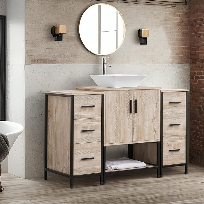 UEV 48" Bathroom Vanity,Oak Color Bathroom Vanity Set with Sink and 3 Drawers Side Cabinet Combo,with Adjustable Water Temperature Faucet (A07)