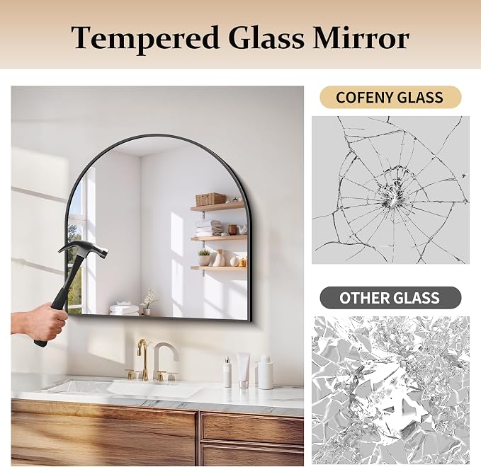 COFENY Arched Mirror, 24’’x24’’ Black Arch Mirrors for Bathroom Sink, Small Bathroom Vanity Mirror with Metal Frame, Modern Wall Mounted Mirror for Bedroom Living Room Mantle Entryway