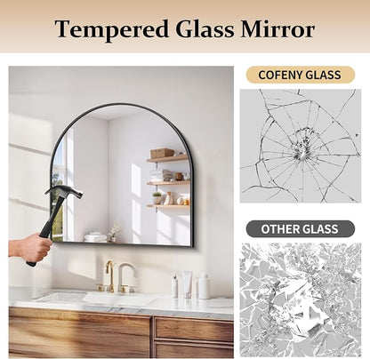 COFENY Arched Mirror, 24’’x24’’ Black Arch Mirrors for Bathroom Sink, Small Bathroom Vanity Mirror with Metal Frame, Modern Wall Mounted Mirror for Bedroom Living Room Mantle Entryway