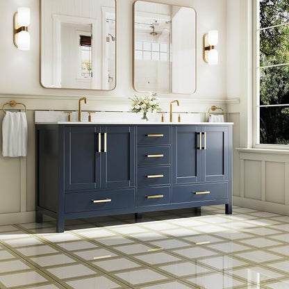 72-Inch Bathroom Vanity with Sink, 4 Soft-Close Doors and 6 Soft-Close Drawers, Bathroom Freestanding Vanity with Cultured Marble Countertop, Navy Blue Vanity W/Gold Handles