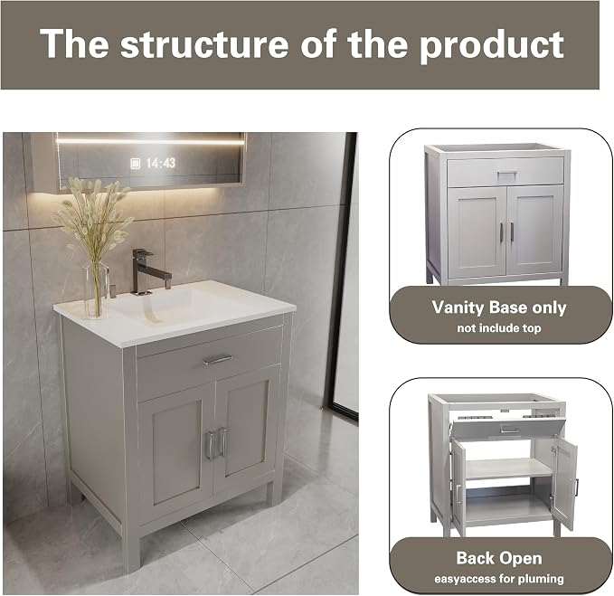 24" Light Grey Bathroom Vanity Base Only – Freestanding Solid Wood Sink Cabinet with Tip-Out Drawer, Shaker Style Storage, No Top or Sink, 36" W x 21" D x 34.5" H