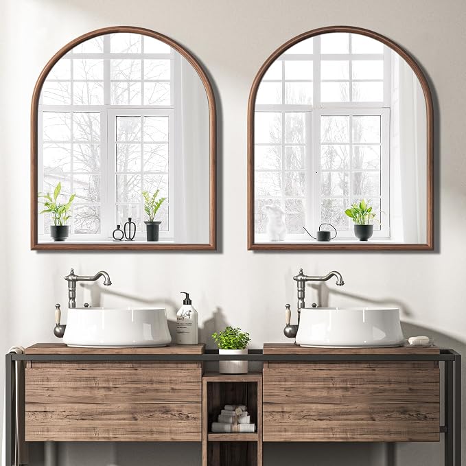 30"x36" Arch Wall Mirror for Wall, Wall Mounted Vanity Mirror for Bedroom, Wood Grain Finish Frame Mirror with Tempered Glass, Vintage Decorative for Bathroom, Entryway, Living Room, Walnut