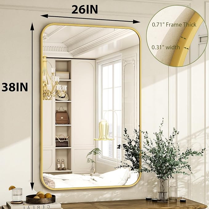 Easly 26 x 38 Inch Bathroom Mirror, Rounded Rectangular Vanity Mirror for Wall, Modern Mirror for Room Decor, Gold Framed Wall-Mounted Mirrors for Home Decor, Hangs Horizontally or Vertically