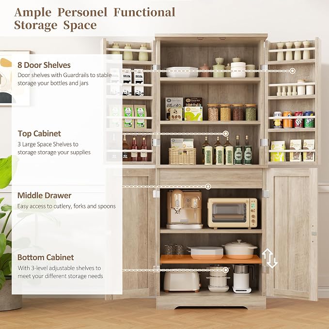 Shintenchi Kitchen Pantry Cabinet, Farmhouse Tall Cupboard, Ash Gray | Freestanding, with 8 Door Shelves, 2 Cabinets and 1 Drawer, for Kitchen, Living Room, Dining Room and Bathroom