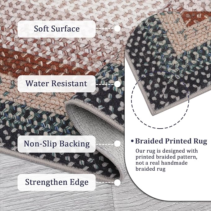 Imitation Braided Collection-Print Washable Rug 6 x 9 Area Rug for Living Room Large Area Rug for Bedroom Rustic Non Slip Throw Rugs Soft Low Pile Stain Resistant Carpet for Dining Room 6'x9'