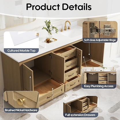 WELLFOR 72 Inch Bathroom Vanity with Double Sinks, Solid Wood Bathroom Vanity W/4 Soft-Close Doors and 6 Drawers, Cultured Marble Countertop Bathroom Vanities W/Two Sinks (Oak)