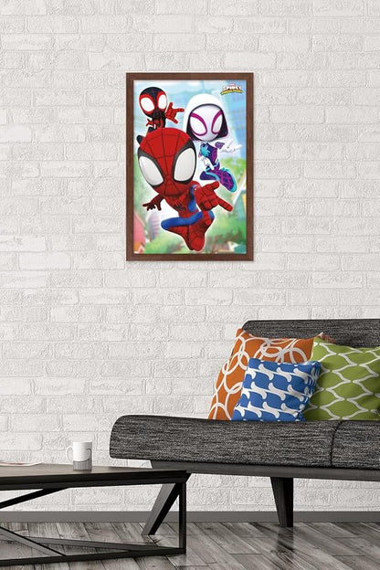 Trends International Marvel Spidey and His Amazing Friends - Webs Wall Poster, 14.72" x 22.37", Mahogany Framed Version