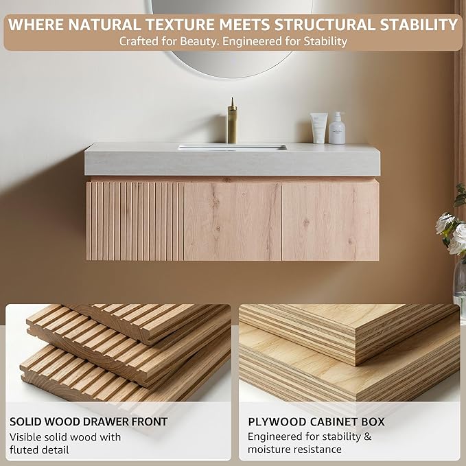 48” Floating Bathroom Vanity with Sink, Wall-Mounted Cabinet with Drawer & Doors, Roma Travertine-Pattern Countertop, Undermount Basin, Single Faucet Hole, Soft-Close, Pre-Assembled, Light Oak