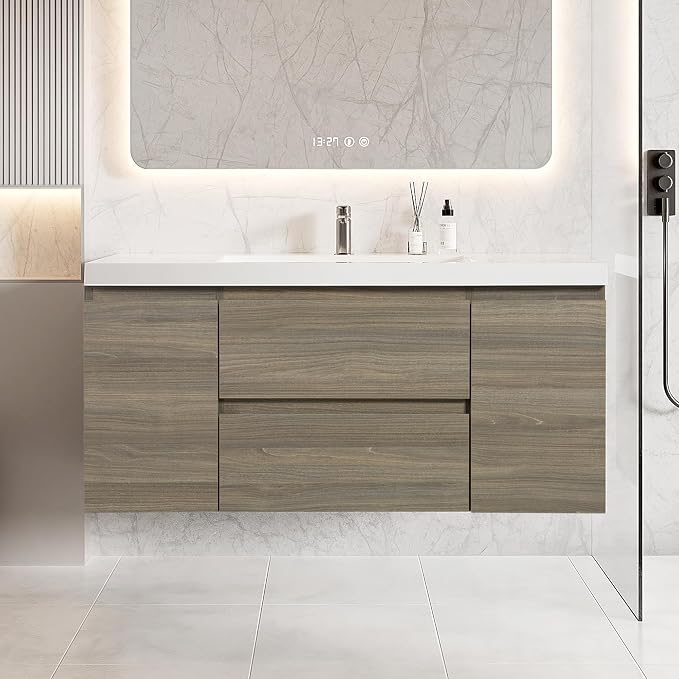 48 Inch Floating Bathroom Vanity with Sink, Large Storage Wall Mounted Floating Vanity with Soft Close Drawers, One-Piece Basin Bathroom Sink Cabinet (Ash Grey, 48 Inch)