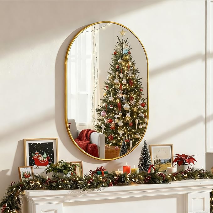 Oval Bathroom Mirror for Wall, 24"x36" Gold Bathroom Vanity Mirror | HD Shatterproof Glass, Metal Framed, Oval Vanity Mirrors for Bathroom, Bedroom, Living Room, Entryway, Horizontal or Vertical