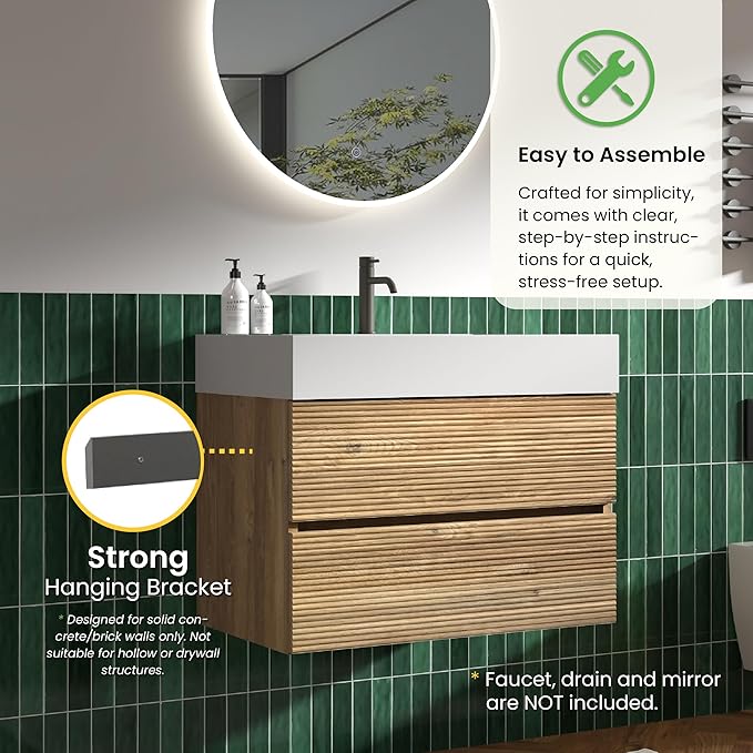 30 Inch Floating Bathroom Vanity with Sink, Modern Floating Bathroom Cabinet with 2 Soft-Closing Drawers, Large Storage for Powder Room, Apartment, Hotel, Rough Oak Finish, Fir Collection