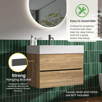30 Inch Floating Bathroom Vanity with Sink, Modern Floating Bathroom Cabinet with 2 Soft-Closing Drawers, Large Storage for Powder Room, Apartment, Hotel, Rough Oak Finish, Fir Collection