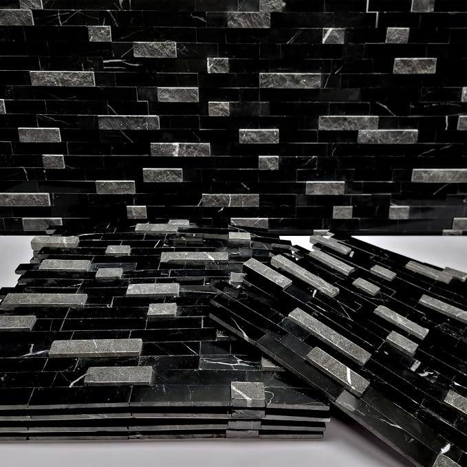 SUNWINGS 5-Sheet Peel and Stick Mosaic Natural 3D Stone Self Adhesive Marble Tiles, 11.5" x 10.7" Stick on Backsplash for Kitchen Bathroom Fireplace Vanity, Mixed Black