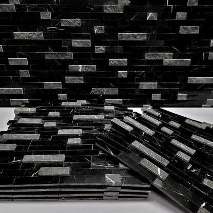 SUNWINGS 5-Sheet Peel and Stick Mosaic Natural 3D Stone Self Adhesive Marble Tiles, 11.5" x 10.7" Stick on Backsplash for Kitchen Bathroom Fireplace Vanity, Mixed Black