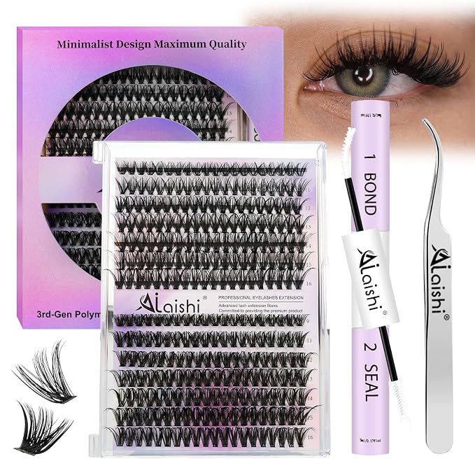 Lash Clusters Kit, DIY Cluster Eyelash Extensions 9‑16mm, 40D+50D, 280pcs, D Curl Natural Volume Lashes with Bond & Seal,Tweezers–Fake Cat Eye Wispy Individual Clusters