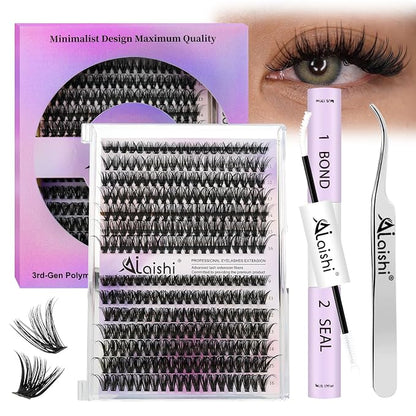 Lash Clusters Kit, DIY Cluster Eyelash Extensions 9‑16mm, 40D+50D, 280pcs, D Curl Natural Volume Lashes with Bond & Seal,Tweezers–Fake Cat Eye Wispy Individual Clusters