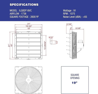 iLiving 18" Shutter Exhaust Fan with Wireless Smart Remote Controlled Thermostat and Humidity, Variable Speed Wall Mounted Attic Vent Fan, Chicken Coop Ventilation, 1736 CFM, 2600 SQF Coverage Area