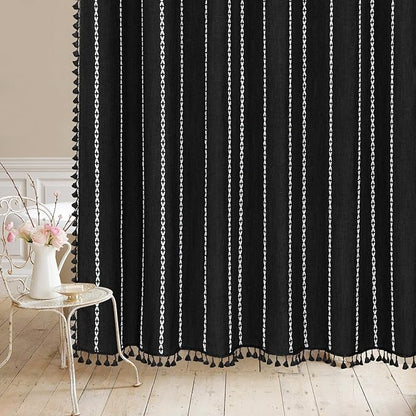 MitoVilla Boho Long Shower Curtain 72 x 78, Black Farmhouse 78 inch Long Polyester Linen Fabric Shower Curtains with Tassel for Chic Cottagecore French Rustic Bathroom Decor
