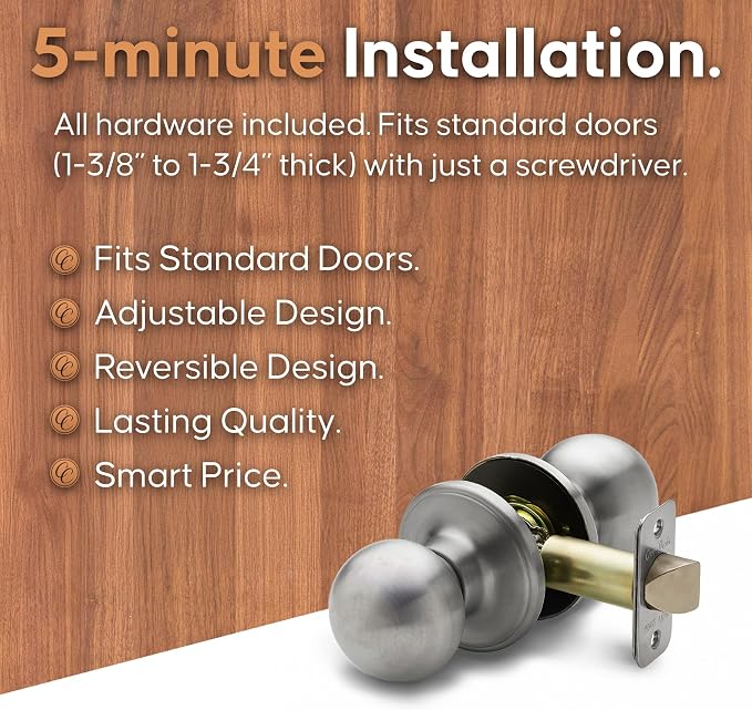 Copper Creek Passage Interior Door Knob – ANSI Grade-3 Certified, Modern Heavy Duty Handle, Easy Install and Reversible for Bedroom, Bathroom & Closets – Satin Stainless (2 Pack)
