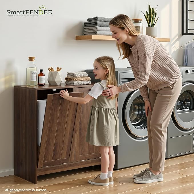 Smart FENDEE Double Tilt Out Laundry Hamper Cabinet, 11.8 Gallon Hidden Trash Cabinets with 2 Baskets for Kitchen, Freestanding Small Bathroom Storage Cabinet Unit, Walnut