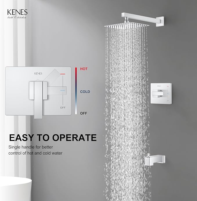 KENES Chrome Shower Set with Tub Faucet, Square Tub Shower Faucet Set | Shower Faucet with 10-Inch Rain Shower Head, Square Shower System, Valve Included, Lead-Free cUPC & NSF Certified, Stainless