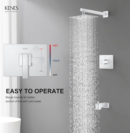 KENES Chrome Shower Set with Tub Faucet, Square Tub Shower Faucet Set | Shower Faucet with 10-Inch Rain Shower Head, Square Shower System, Valve Included, Lead-Free cUPC & NSF Certified, Stainless