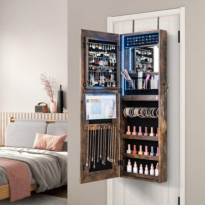GOFLAME LED Mirror Jewelry Cabinet 42.5”, Wall/Door Mounted Full Length Mirror with Storage, 3-Color Lights, Interior Makeup Mirror, Jewelry Storage Organizer, Lockable Jewelry Armoire, Rustic Brown