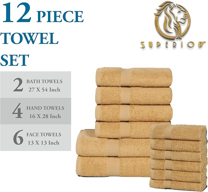 Superior 12-Piece Cotton Assorted Towel Set, Includes 6 Face Towel, 4 Hand, and 2 Bath Towels, Home, Bathroom, Guest Bath Essentials, Quick Dry, Absorbent, Franklin Collection - Gold