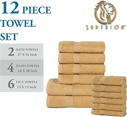 Superior 12-Piece Cotton Assorted Towel Set, Includes 6 Face Towel, 4 Hand, and 2 Bath Towels, Home, Bathroom, Guest Bath Essentials, Quick Dry, Absorbent, Franklin Collection - Gold