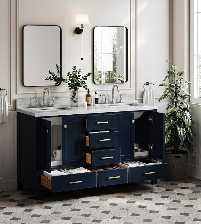 ARIEL Cambridge 60-inch Bathroom Vanity with Sink,Solid Wood, 1.5-inch Italian Carrara Marble Countertop, Double Rectangular Porcelain Sink, 4 Soft Closing Doors, 6 Dovetail Drawers, Midnight Blue