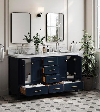 ARIEL Cambridge 60-inch Bathroom Vanity with Sink,Solid Wood, 1.5-inch Italian Carrara Marble Countertop, Double Rectangular Porcelain Sink, 4 Soft Closing Doors, 6 Dovetail Drawers, Midnight Blue