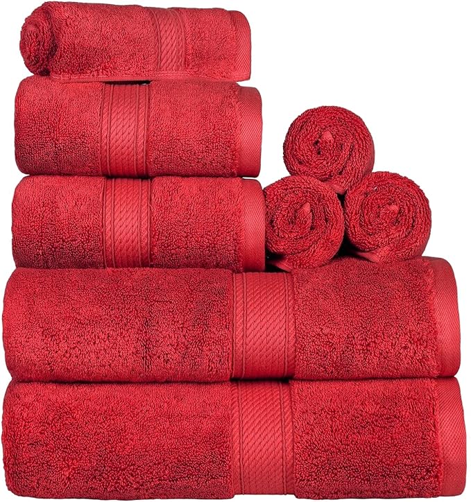 SUPERIOR Egyptian Cotton Ultra Plush & Absorbent, 8 Piece Set, Red | Quick Dry, Soft Luxury Towel Set, Bath Essentials, Guest Bath, Spa, 2 Bath, 2 Hand, 4 Face Towels, Madeline Towels