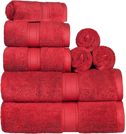 SUPERIOR Egyptian Cotton Ultra Plush & Absorbent, 8 Piece Set, Red | Quick Dry, Soft Luxury Towel Set, Bath Essentials, Guest Bath, Spa, 2 Bath, 2 Hand, 4 Face Towels, Madeline Towels
