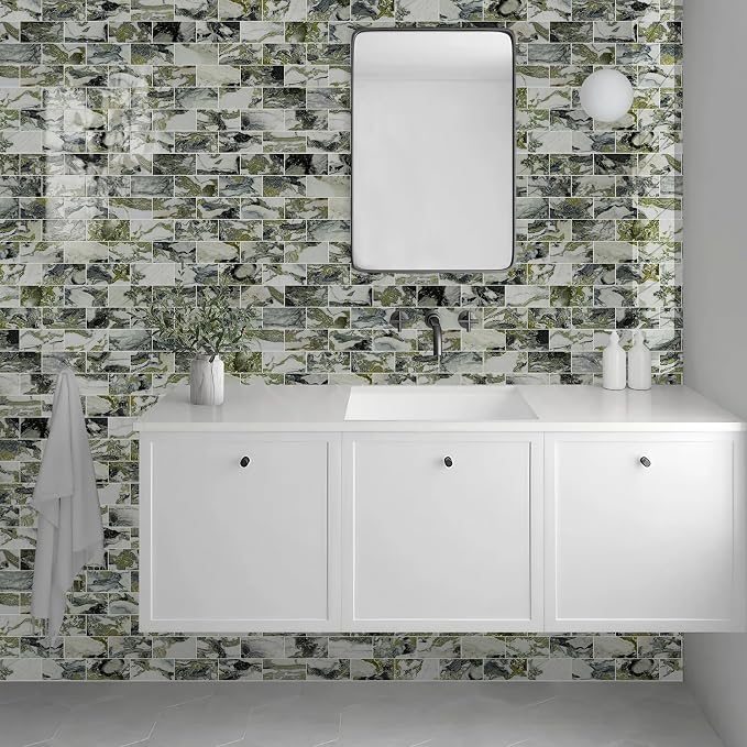 Vamos Tile 100-Piece Glossy Ice Green Peel and Stick Backsplash Tile,3''x6'' PVC Subway Tile with White Grout,Stick on Backsplash for Kitchen/Bathroom/Fireplace