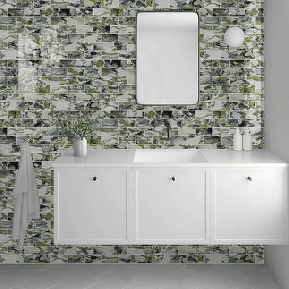 Vamos Tile 100-Piece Glossy Ice Green Peel and Stick Backsplash Tile,3''x6'' PVC Subway Tile with White Grout,Stick on Backsplash for Kitchen/Bathroom/Fireplace