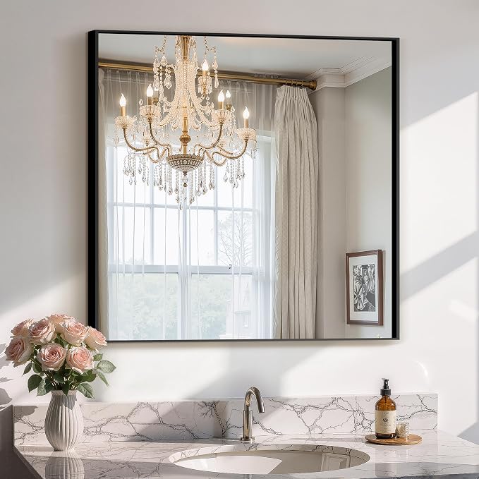 Bathroom Vanity Mirror for Wall, 30"x30" Bathroom Mirror for Over Sink | HD Shatterproof Glass, Rectangular Metal Frame, Mirror for Bathroom, Living Room, Entryway(Black)