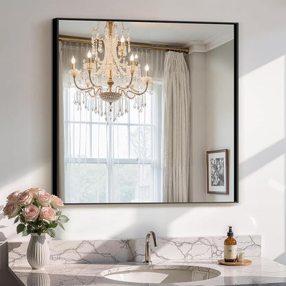 Bathroom Vanity Mirror for Wall, 30"x30" Bathroom Mirror for Over Sink | HD Shatterproof Glass, Rectangular Metal Frame, Mirror for Bathroom, Living Room, Entryway(Black)
