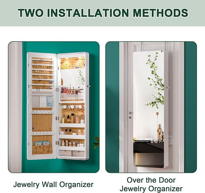 HNEBC Over the Door Jewelry Organizer with LED Lights, 47.2" Full Length Mirror with Storage, Wall Mounted Jewelry Armoire, Hanging Mirror with 2 Drawers,Lokable,3 Shelves-White