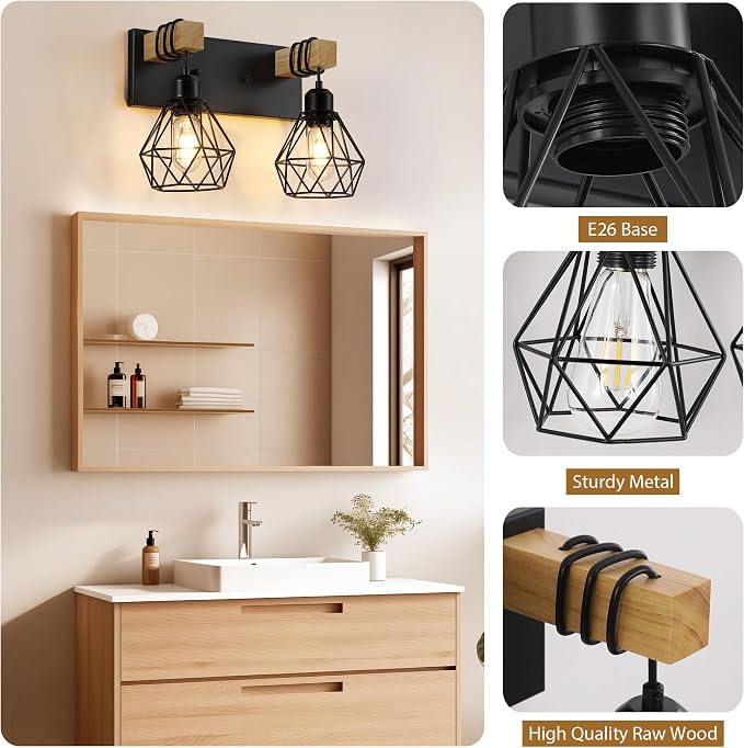 VbiTmn Bathroom Light Fixtures, 2 Light Black Farmhouse Wood Vanity Lights | Rustic Design, Diamond Metal Shades, Easy to Install, Wall Sconces for Bathroom, Bedroom, Makeup Area, Over Vanity Mirror