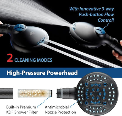 AquaCare 4X 10-Mode High Pressure Hand Shower w/Filter & 2-mode Power Wash | Filters Chlorine & Toxins, Softens Hard Water for Healthy Skin & Hair. Handheld Power Head Cleans Tub, Tile & Pets / Black
