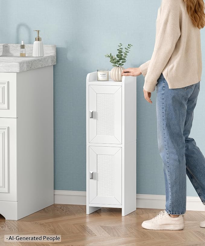 Akxomel Rattan Small Bathroom Cabinet Narrow Toilet Paper Organizer White | 7.9''D x 7.9''W Bathroom Organizer and Storage Cabinet for Small Space, Slim Corner Unit with Adjustable Shelf